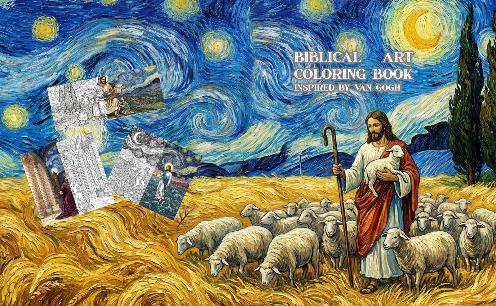 Biblical Art Coloring Book cover featuring Christ the Good Shepherd