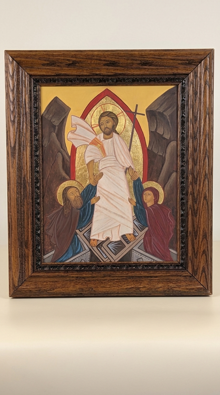 The Resurrection Anastasis icon in hand-carved frame