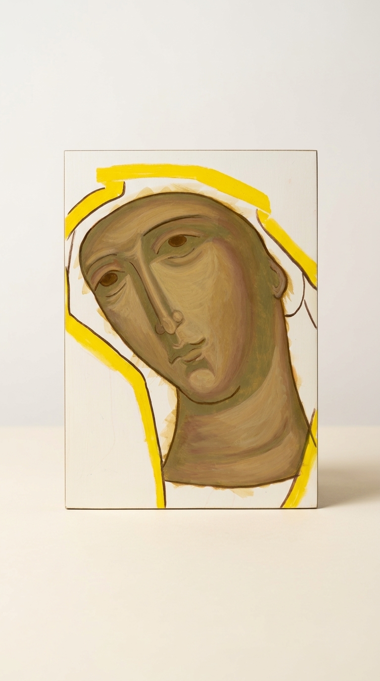 Theotokos Mother of God facial study showing 4th flesh layer on gessoed board
