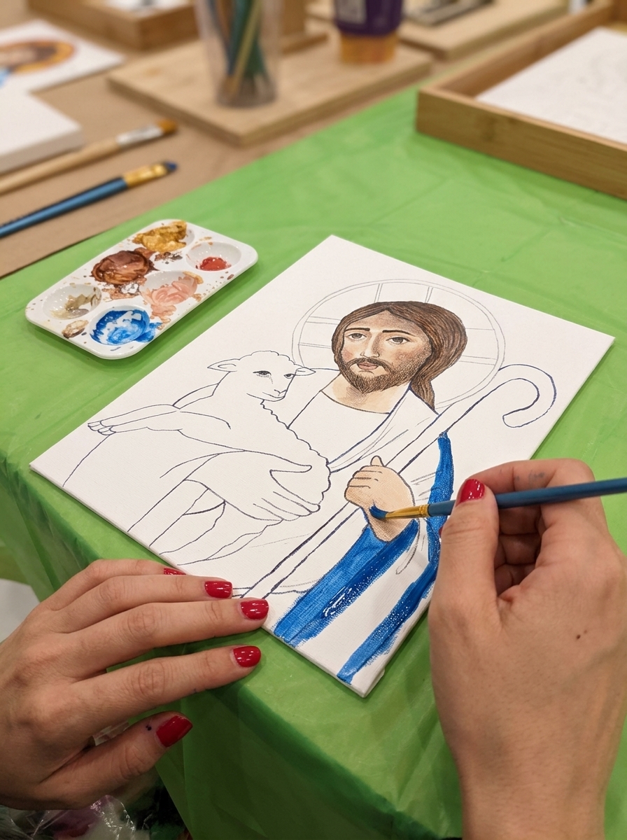 Workshop participant painting a Good Shepherd icon on pre-outlined canvas